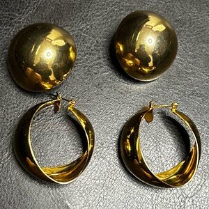 Elegant Gold Toned Hoop Earrings and Large Gold Toned Dome Pierced Earrings
